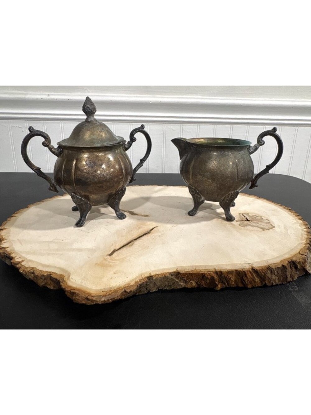 Antique Silver-Plated Sugar Bowl & Creamer Set One With Lid Ornate Handles & Leg